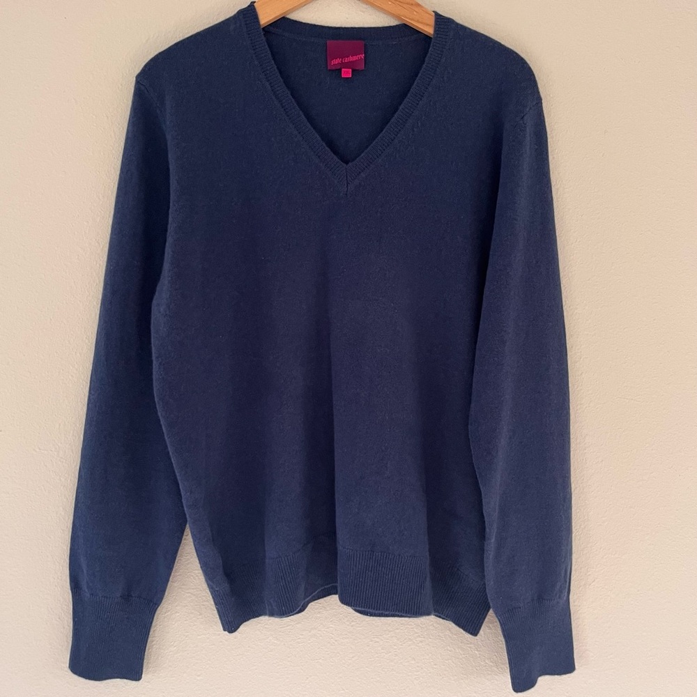 State Mens 100% Cashmere Sweater XXL Blue V-Neck Pullover Quiet Luxury Old Money